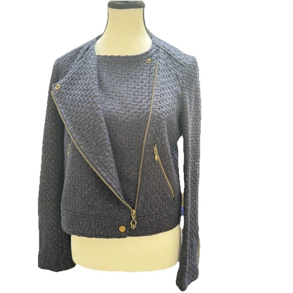 Q. Mack Blue Gold Tweed Moto Jacket Women's Size M Asymmetrical Zipper Style - Picture 2 of 11